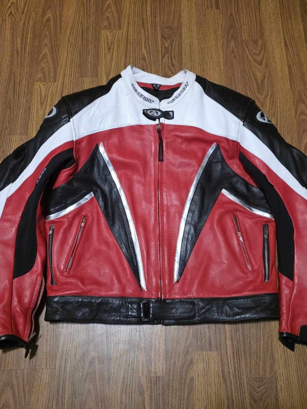 AGV Sport Leather Moto Jacket Mens L 50 Red White Black Racing Biker Padded VTG